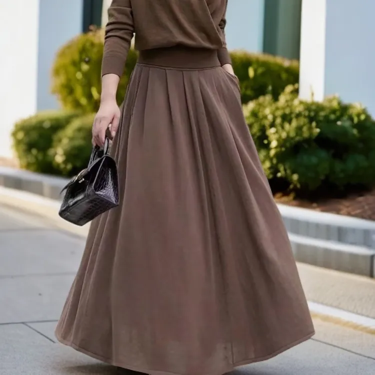 【妃皇】秋冬双腰口时尚百褶中高腰百搭气质高雅显瘦羊毛群纯色