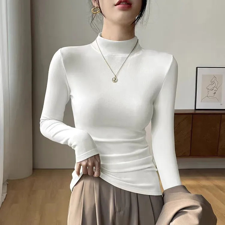 长袖t恤女秋冬新款气质修身显瘦内搭半高领磨毛德绒打底衫上衣潮