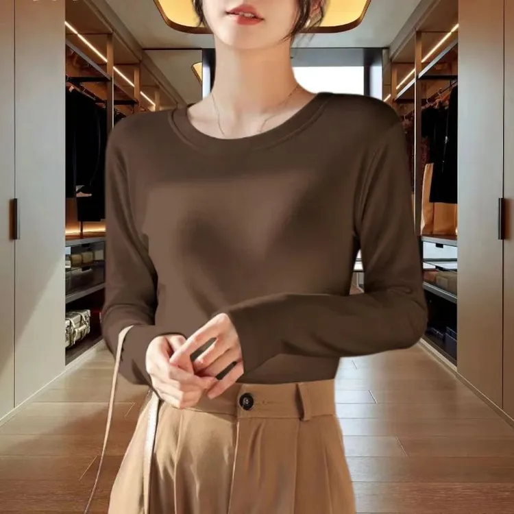 秋冬新款双面德绒打底衫女修身显瘦圆领长袖保暖加厚内搭上衣外穿