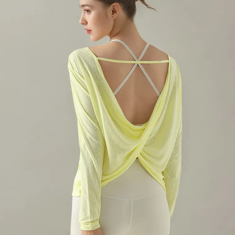 镂空扭结美背宽松瑜伽罩衫女速干透气吸湿排汗健身跑步运动长袖秋