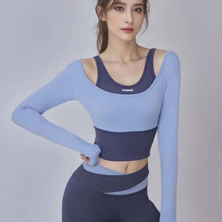 一体式固定胸垫假两件瑜伽长袖女速干短裤露脐透气紧身运动健身衣