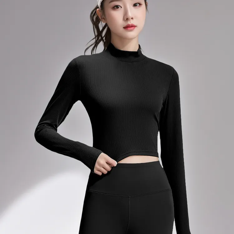 露脐紧身小高领瑜伽长袖女透气打底衫吸湿排汗健身条纹运动上衣秋