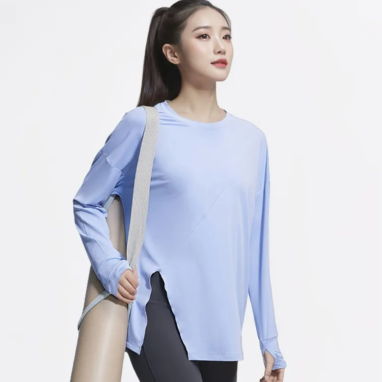 秋冬宽松版运动长袖女速干套指圆领侧面开叉打结健身瑜伽罩衫上衣
