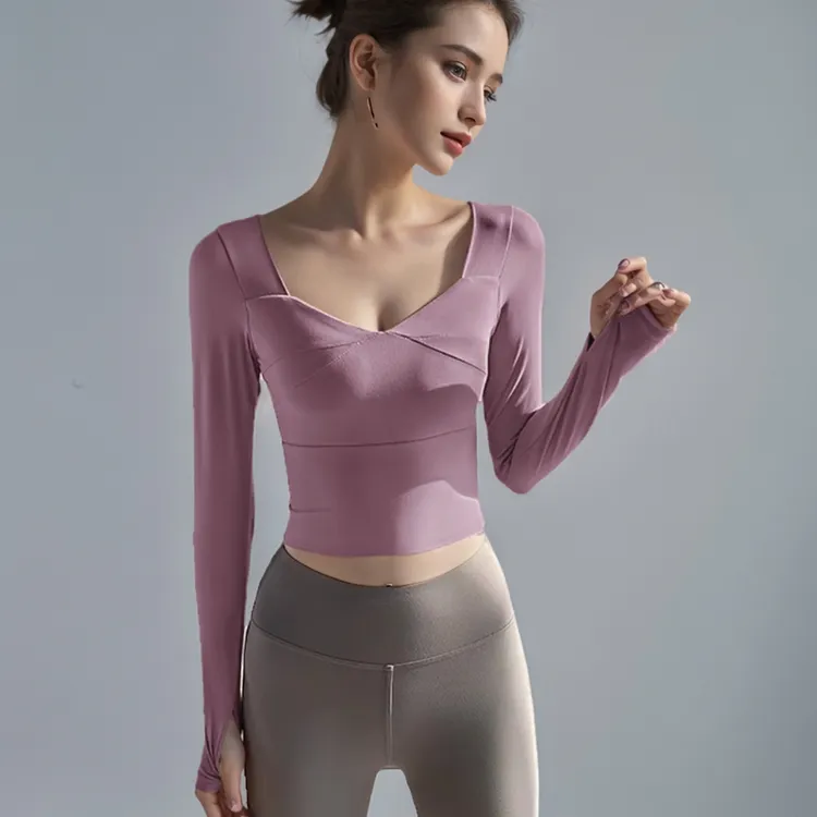 加宽下摆收腹瑜伽服长袖女速干可拆胸垫紧身露脐短款运动套指上衣
