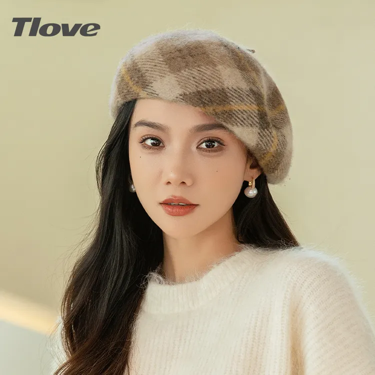 9488秋冬时尚百搭女士经典格子帽冬季格纹复古贝雷帽