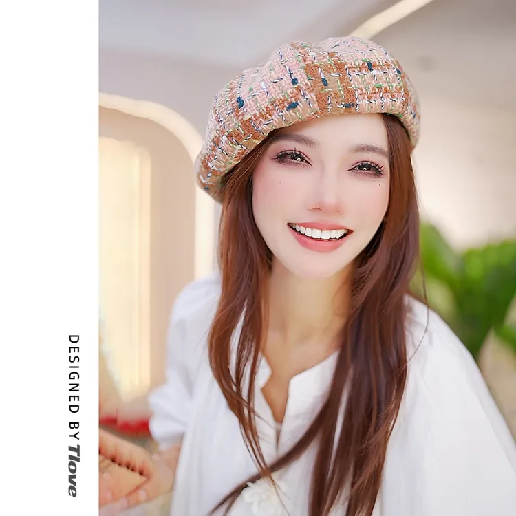 9682小香风贝雷帽日系格纹秋冬新款时尚百搭画家帽英伦复古蓓蕾帽