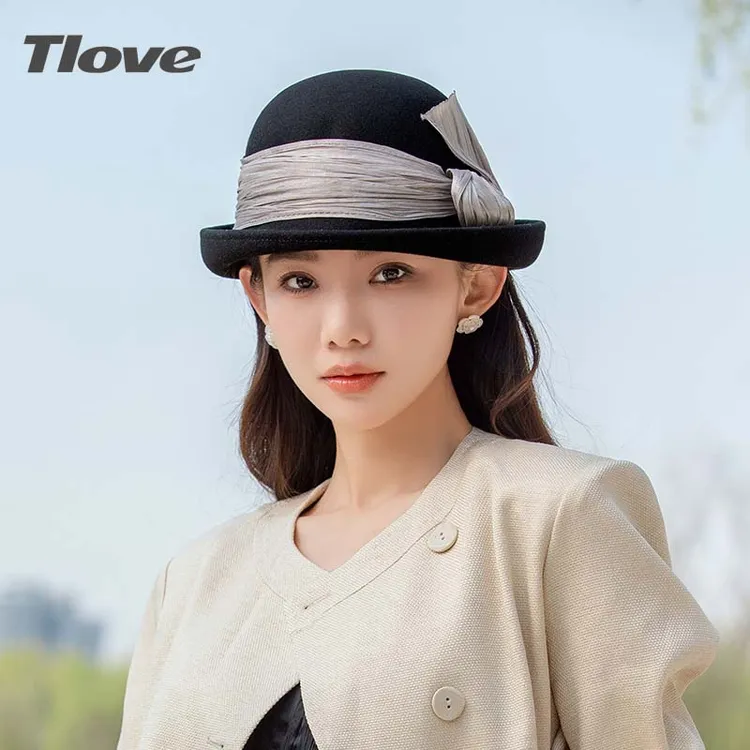 9455秋冬新款羊毛毡帽子女士优雅洋气真丝麻腰带卷边礼帽时尚冬帽