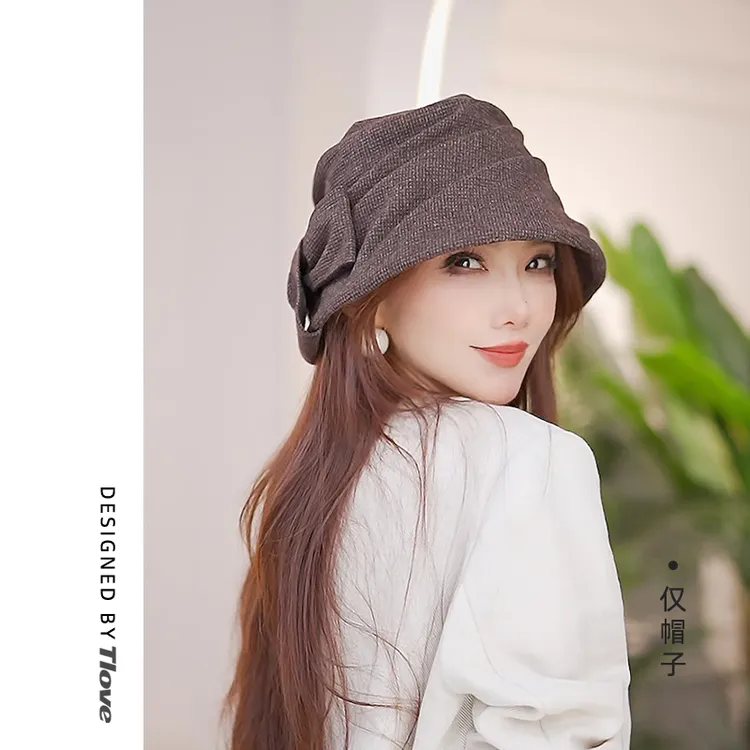 9667女士时尚百搭经典纯色帽子秋冬季保暖盆帽