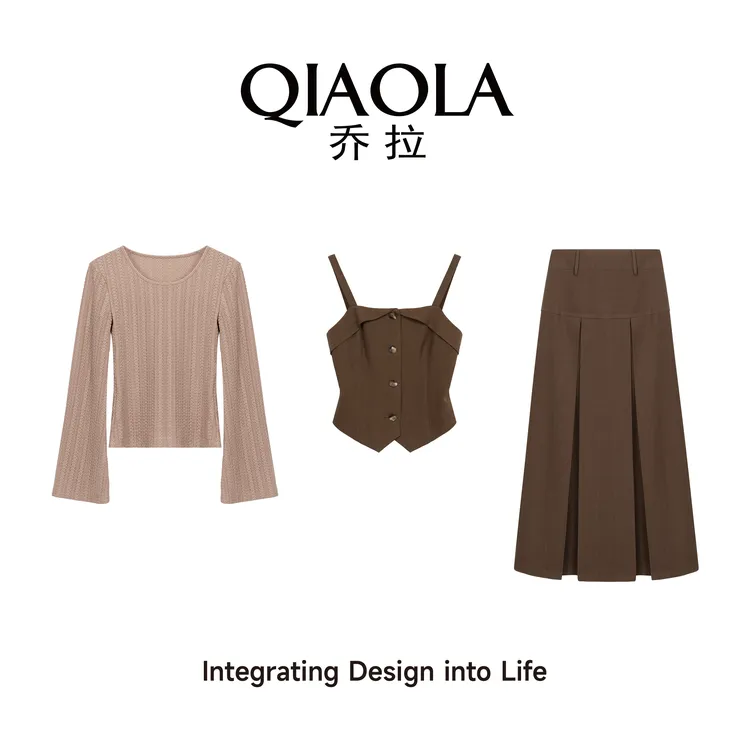QIAOLA/乔拉【栗巧兹】秋季梭织提花针织圆领压褶遮肉显瘦套装预售