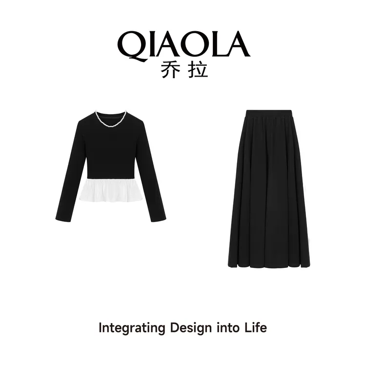 QIAOLA/乔拉【闻香百合】秋季坑条针织圆领拼接轻奢A版时尚套装预售