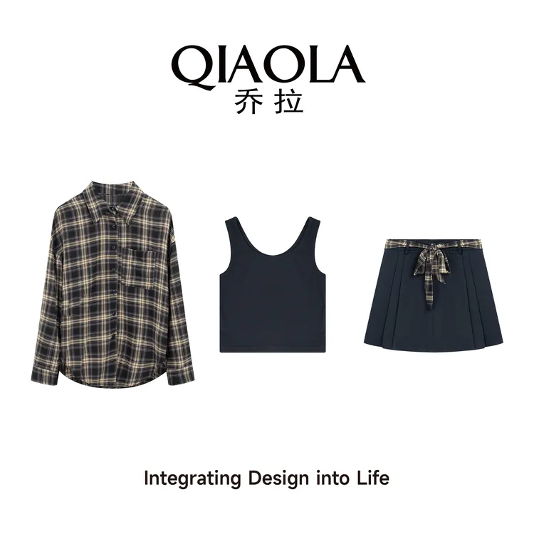QIAOLA/乔拉【时光手帐】秋夏季梭织格纹翻领衬衫遮肉时尚套装预售