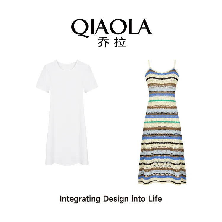 QIAOLA/乔拉【童话绘】夏季针织条纹A版休闲减龄遮肉两件连衣裙预售