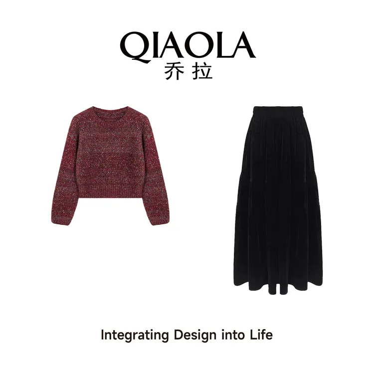 QIAOLA/乔拉【丝绒颂歌】秋冬季彩点毛织圆领百搭丝绒时尚套装预售
