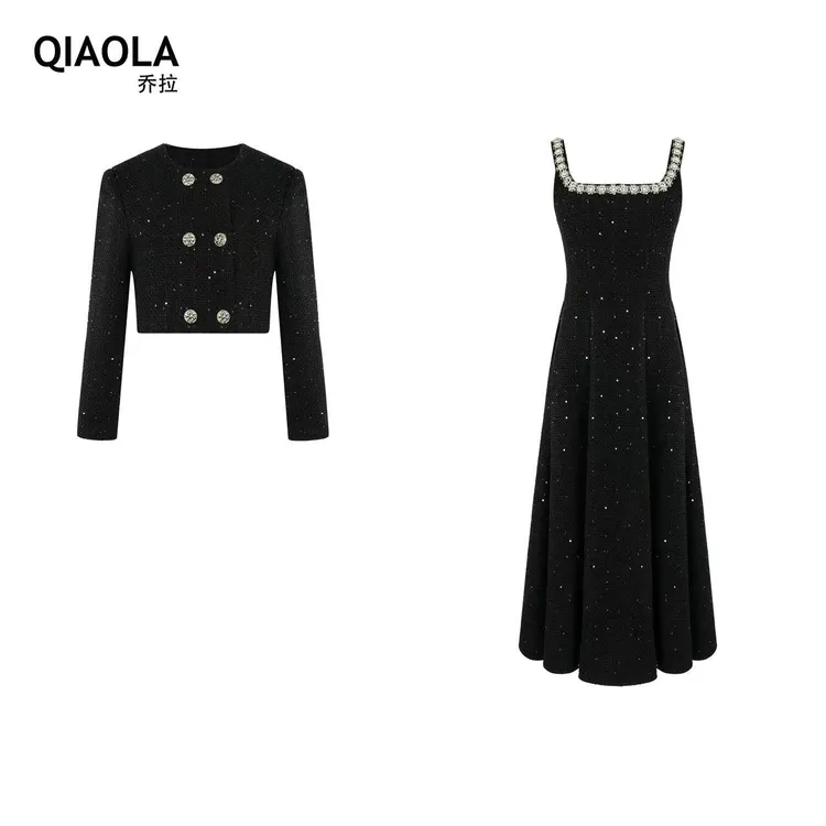 QIAOLA/乔拉【钻石之心】秋冬款重工小香风双排扣亮片时尚套装预售
