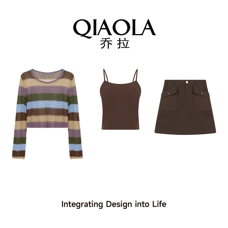 QIAOLA/乔拉【茶胭紫雾】秋夏季镂空条纹毛织长袖慵懒休闲套装