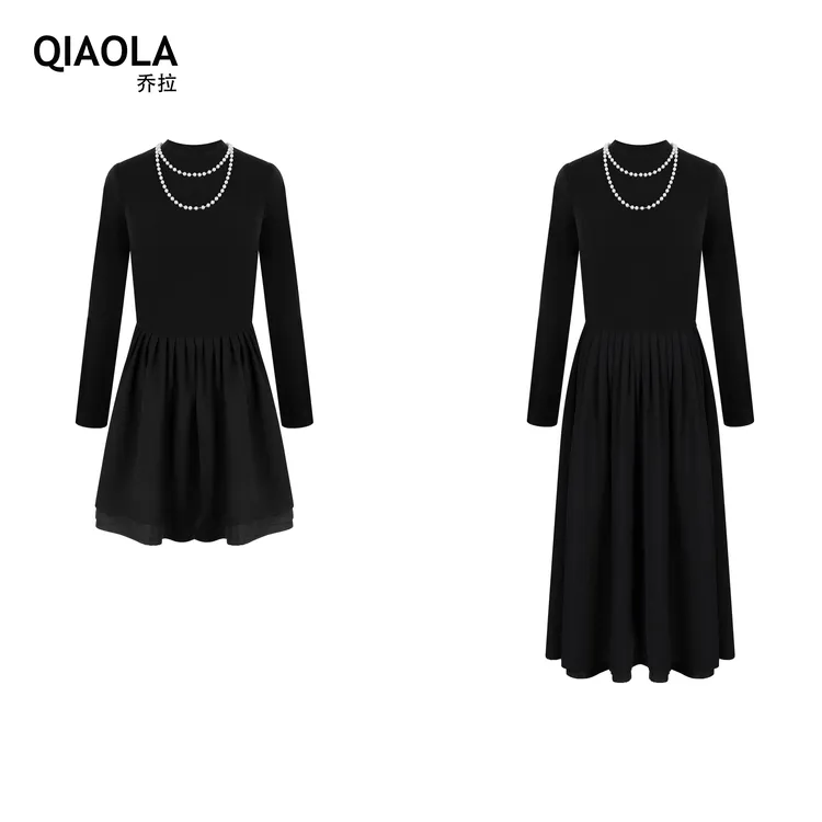 QIAOLA/乔拉【夜阑明珠】秋冬款双面绒拼接梭织A字版珍珠连衣裙