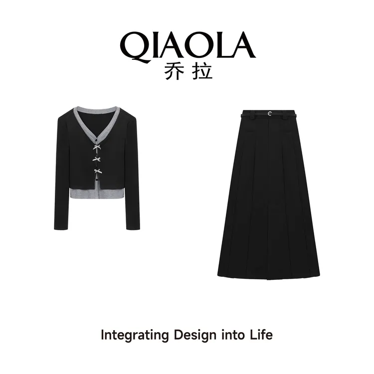 QIAOLA/乔拉【伦敦日记】秋季弹力针织假两件A版减龄时尚套装预售
