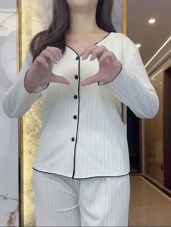 V领带胸垫精梳棉开衫睡衣女长袖长裤家居服
