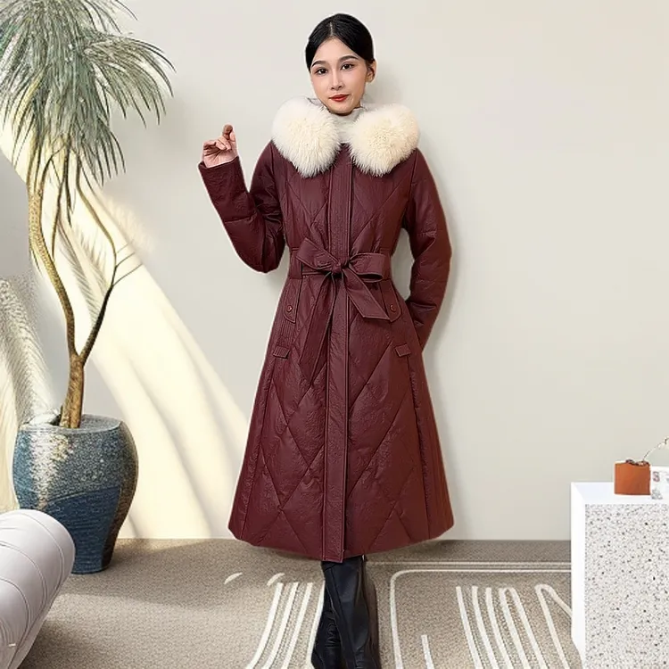 2024年冬季真皮皮鹅绒服修身连帽狐狸毛领加厚显瘦中长款鹅绒服