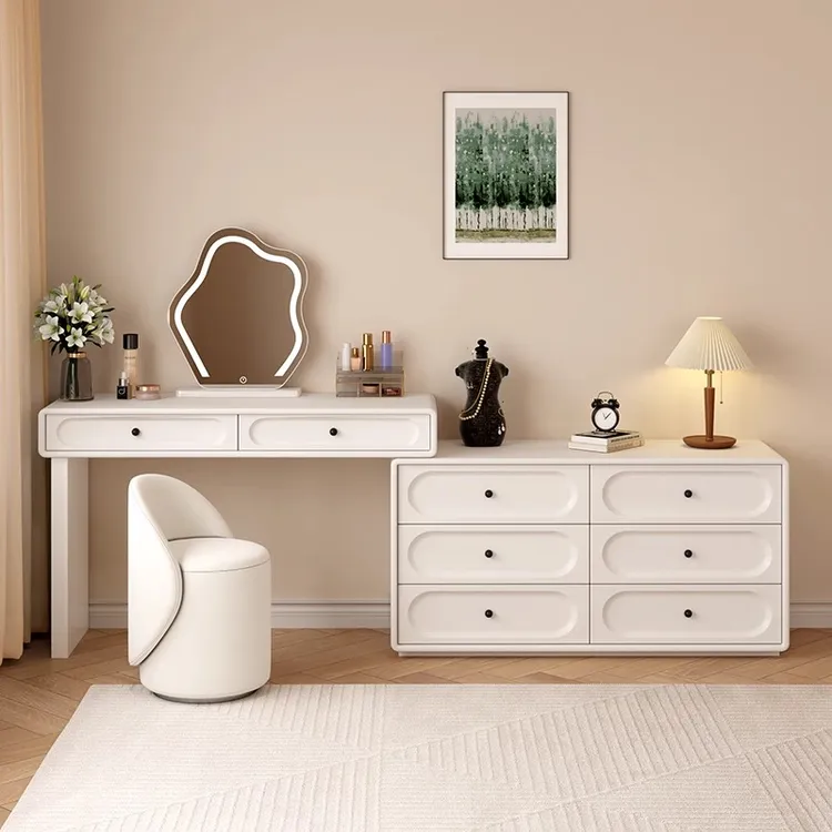 法式奶油风梳妆台斗柜一体床尾柜主卧室现代简约化妆桌实木烤漆