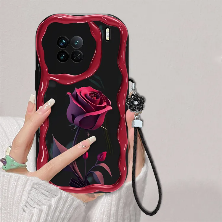 适用于vivo X90暗红玫瑰手机壳网红奶油创意全包硅胶女款防摔软壳