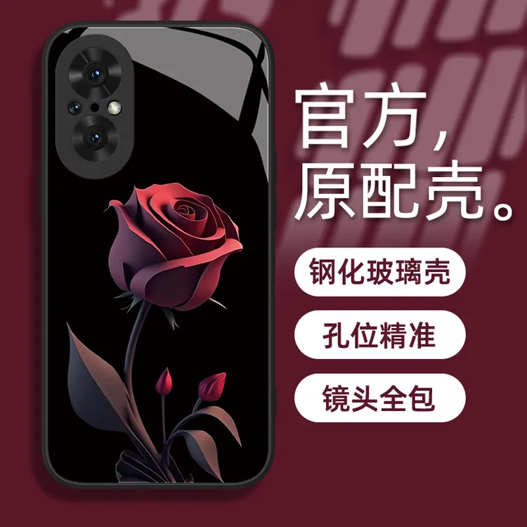 适用于华为荣耀50SE暗红玫瑰全包防摔手机壳钢化玻璃网红创意女款