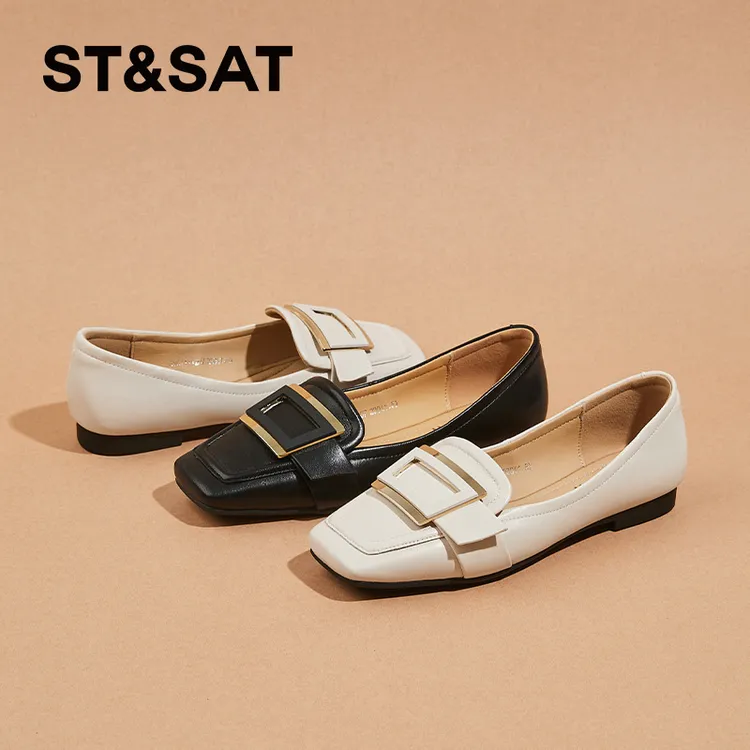 星期六羊皮平底单鞋女秋季软底软面舒适不累脚乐福鞋一脚蹬小皮鞋