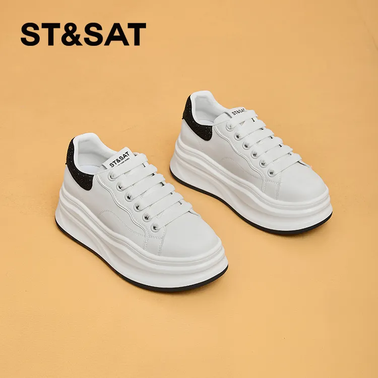 星期六真皮运动小白鞋女2025年春季新款爆款时尚水钻厚底休闲板鞋