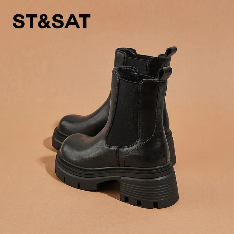 星期六6.8CM真皮切尔西靴女2025春秋新款厚底烟筒短靴粗跟马丁靴