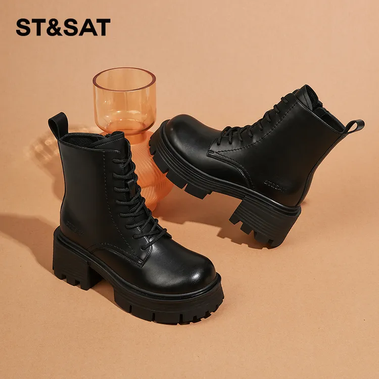 星期六真皮中筒马丁靴女2024冬季新款厚底增高短靴显瘦英伦机车靴