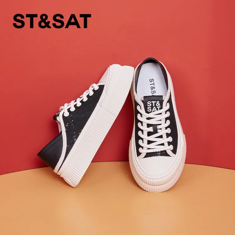 星期六春季薄款网纱休闲板鞋女2025年新款厚底踩跟两穿透气小白鞋