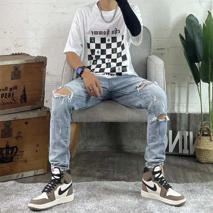 春夏季新品韩版水洗时尚百搭潮流男士修身高街破洞牛仔裤九分裤