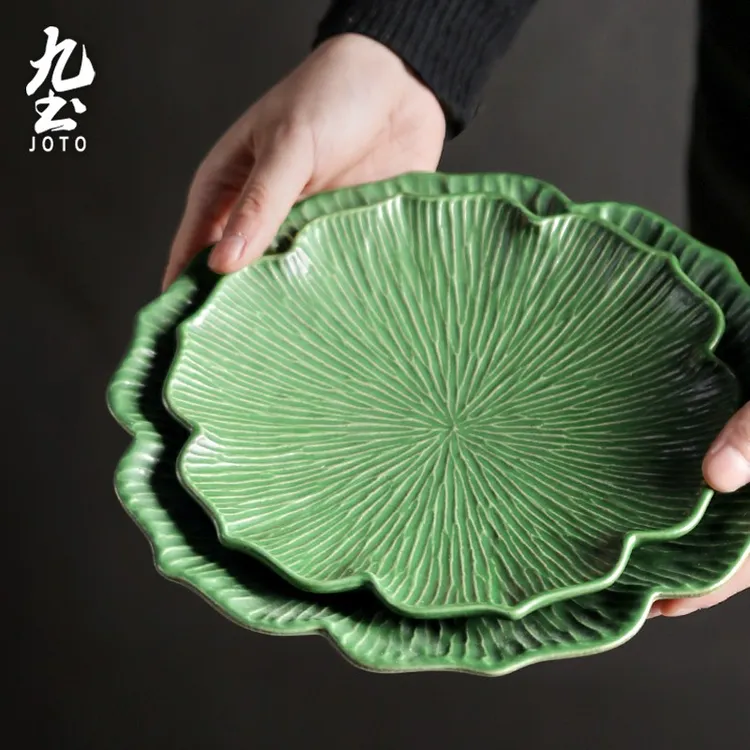 九土日式手工花边陶瓷菜盘子家用西餐盘意面盘果盘餐具大创意茶盘