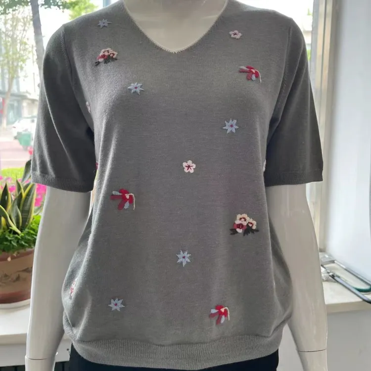 saraphillips纯山羊绒80支精仿手工绣花短袖套头衫