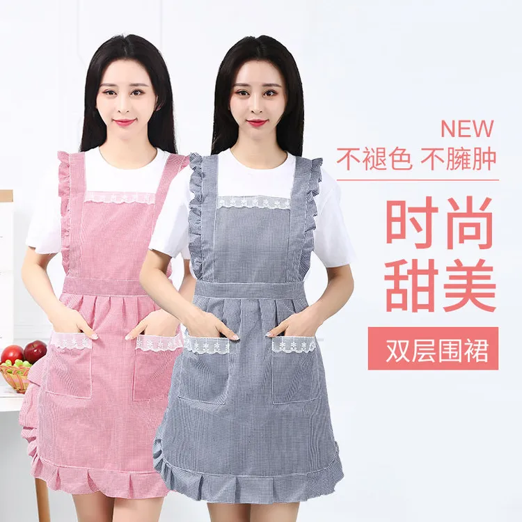 时尚双层防水防油围裙女工作洋气厨房家用做饭围腰可爱女上班罩衣