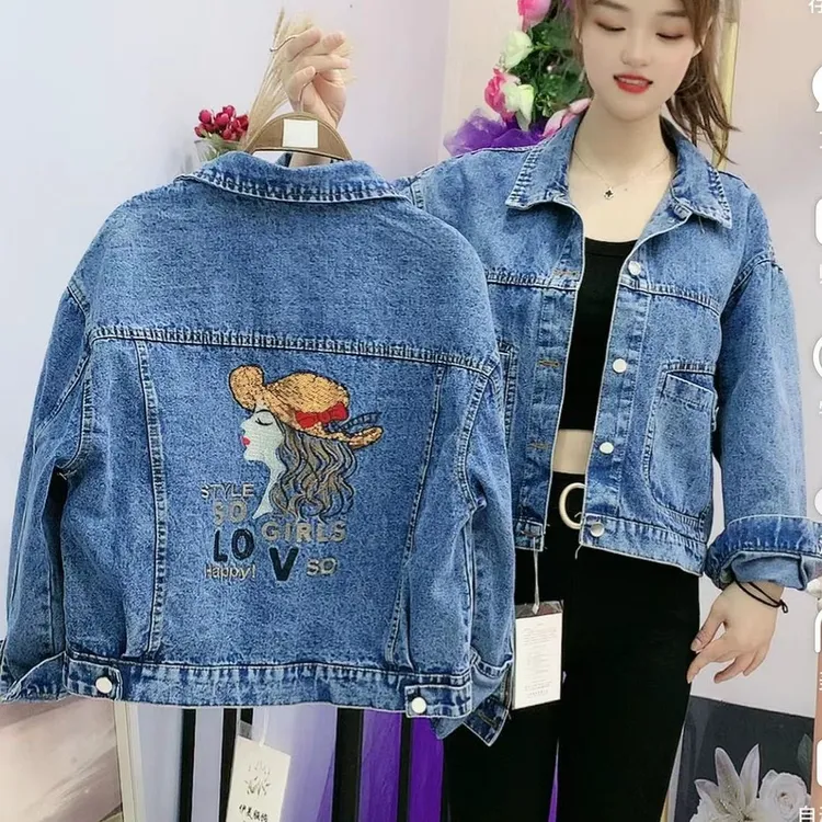 帽子美女图亮片刺绣春秋款重工气质时尚百搭外穿牛仔外套上衣女