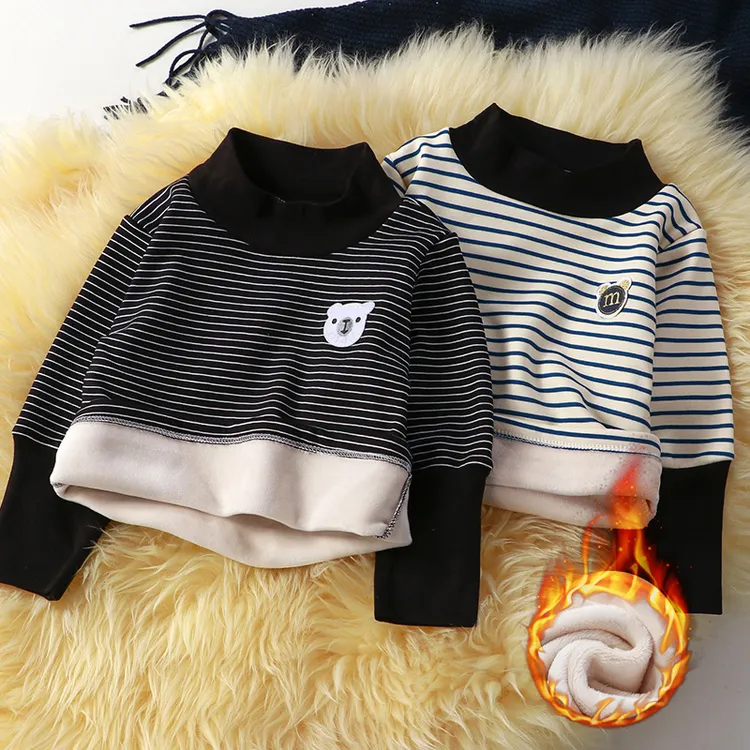 男女童加绒打底衫半高领儿童条纹长袖上衣冬季新款洋气百搭中国风