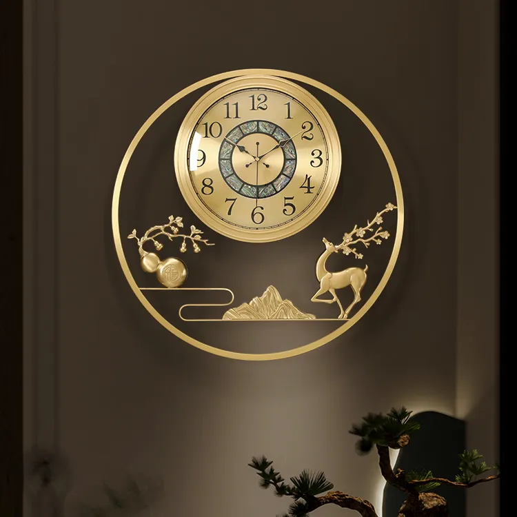 新中式黄铜鹿挂钟客厅装饰圆形钟表古典墙壁挂表轻奢时钟268 269