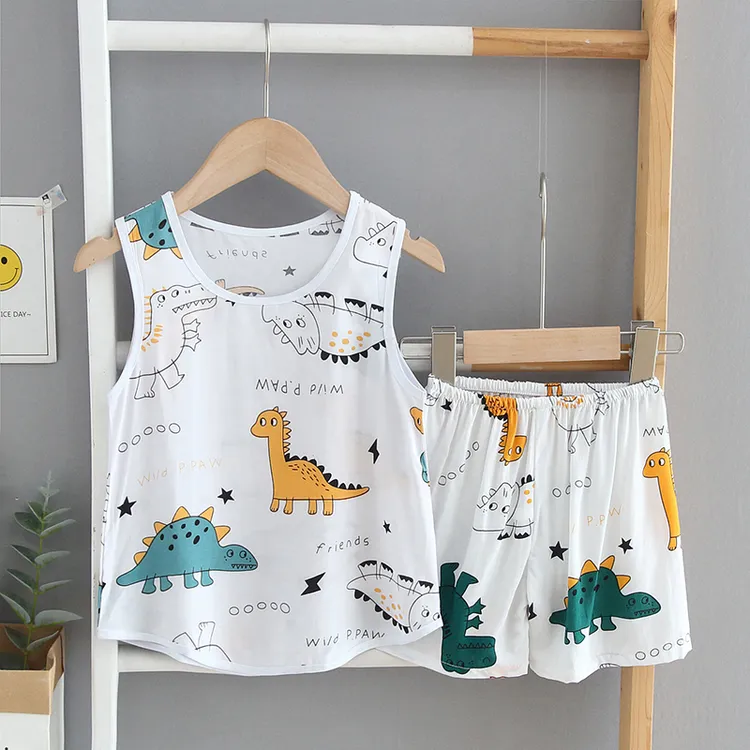 夏儿童人造棉家居服男童女童薄绵绸背心短裤夏天套装宝宝棉绸睡衣