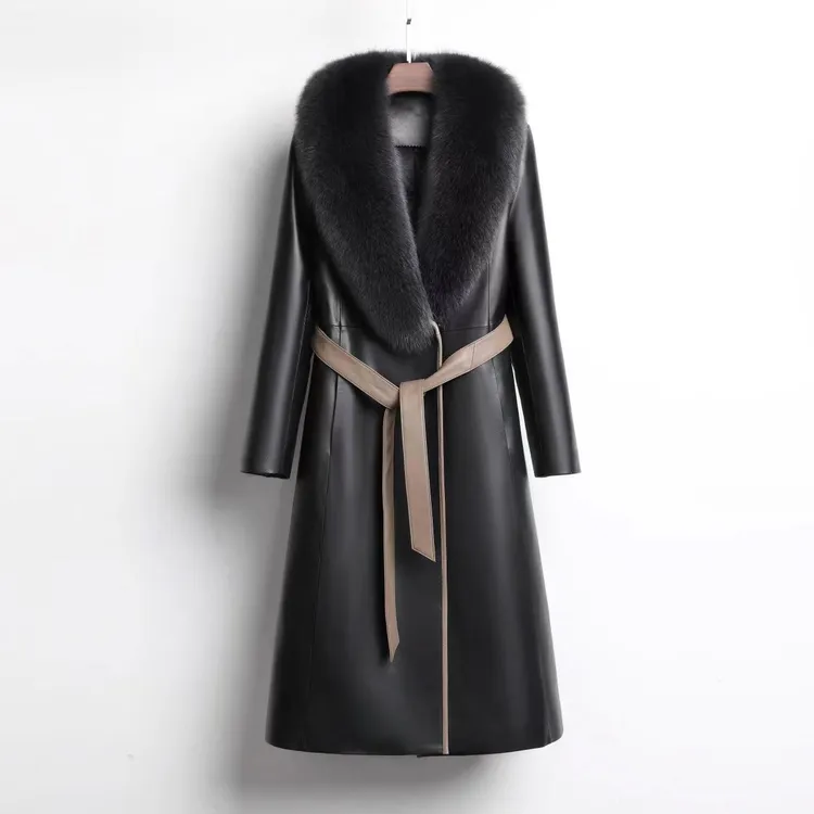 漫莎海宁真皮绵羊皮显瘦羽绒脱卸狐狸毛领中长款女中长款皮衣8232