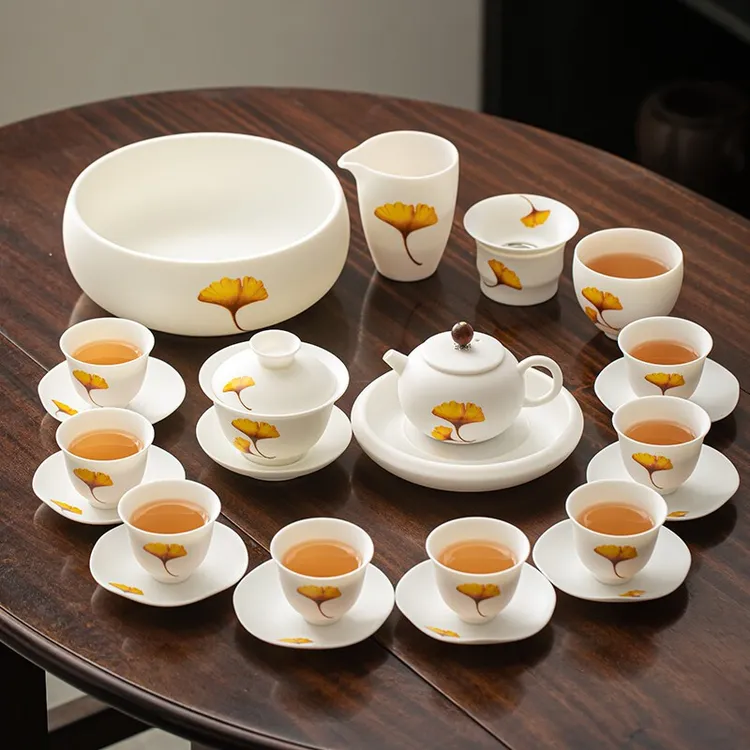 苏氏陶瓷（SUSHI CERAMICS）羊脂玉茶具大套装银杏三才盖碗泡茶壶