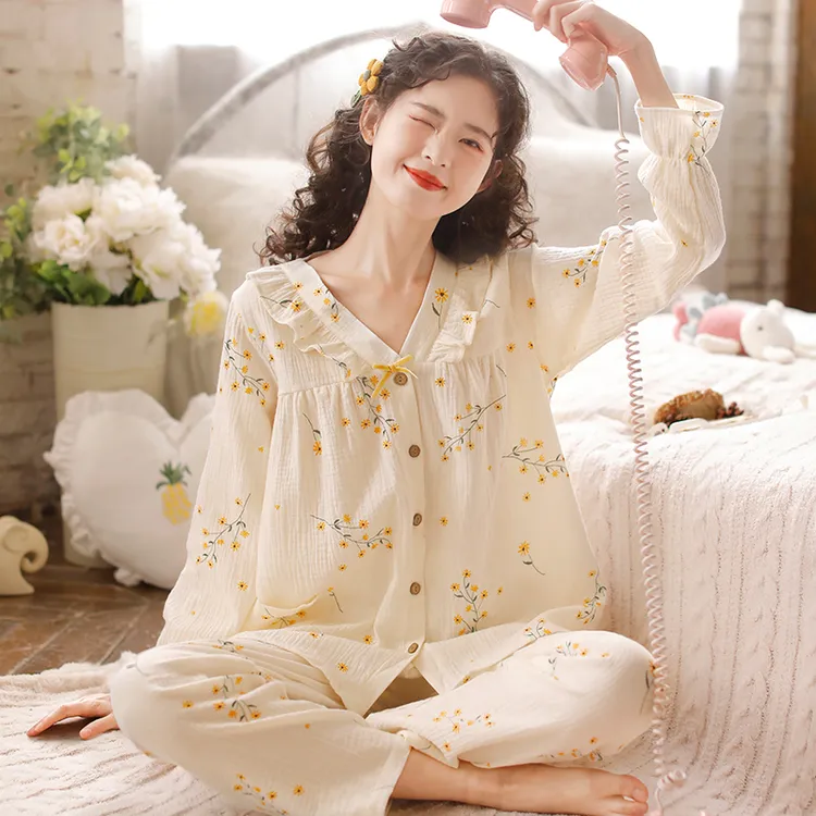 富朵月子服双层纱布哺乳套装纯棉春秋孕妇睡衣V领长袖喂奶家居服
