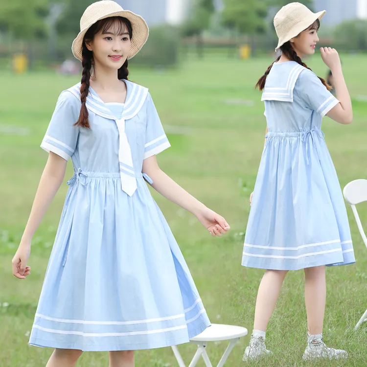 海军风连衣裙学院风海军领日系水手服甜美韩版少女初中学生裙子夏