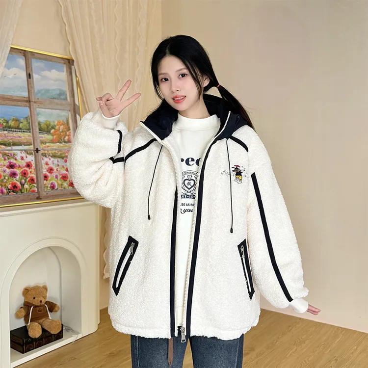 初中生仿羊羔绒外套连帽加厚棉服女保暖高中生时尚洋气青少女学生