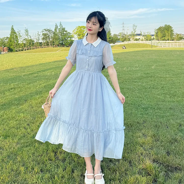 初中生连衣裙小清新气质高中生夏季长裙过膝显瘦飘逸仙女裙中学生
