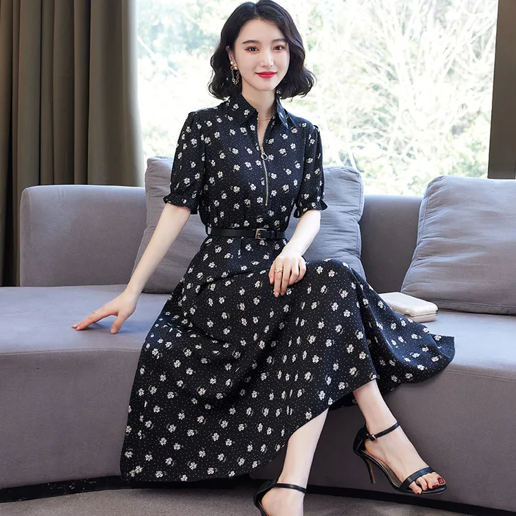 【有口袋】2025新款夏季短袖雪纺连衣裙女装碎花过膝宽松衬衫裙子