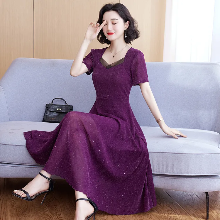 夏季黑色短袖连衣裙女短袖2025新款春夏女士时尚气质显瘦网纱裙子