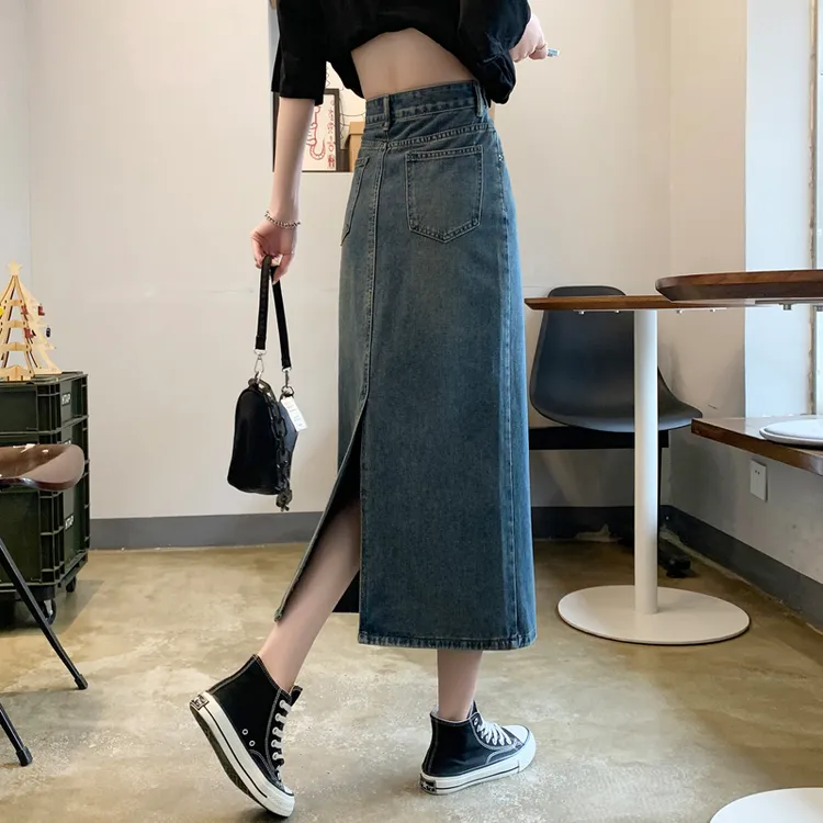 后开叉牛仔半身裙女高腰2025夏季新款a字显瘦中长款ins复古包臀裙