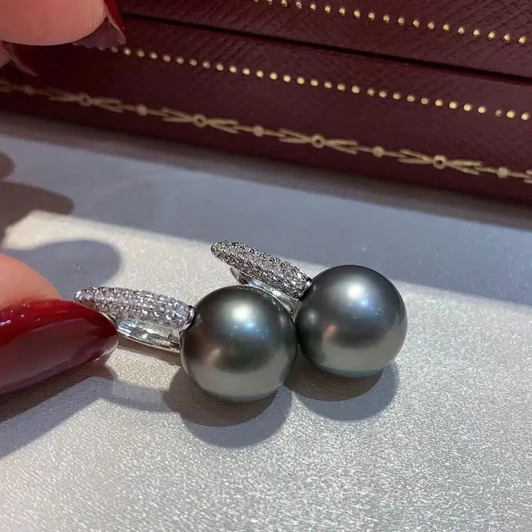 天然海水大溪地黑珍珠水桶耳扣耳坠耳环耳饰正圆强光微瑕s925银