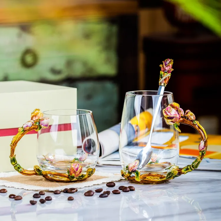轻奢创意手工珐琅彩工艺家用时尚加厚浪漫花茶杯咖啡杯送姐妹水杯